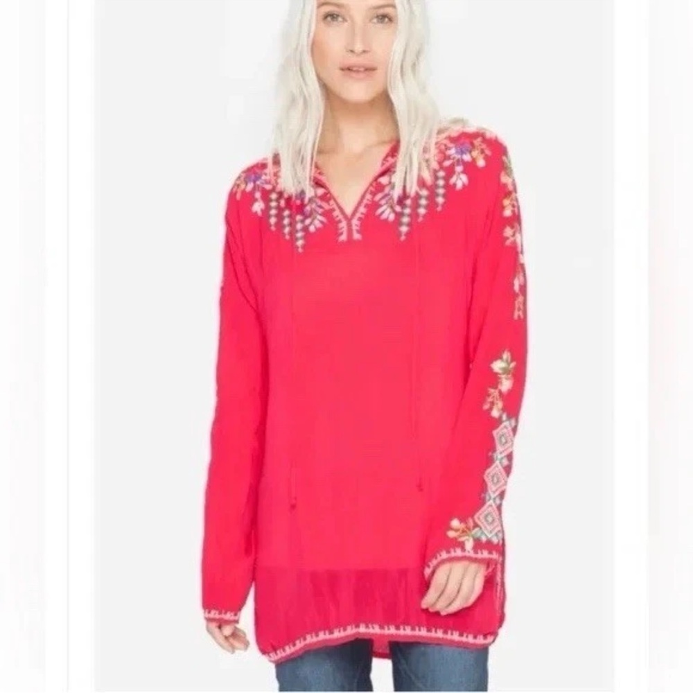 Johnny Was Vanessa Cupro Red Floral Embroidered Blouse Long Sleeve Boho Luxe Top